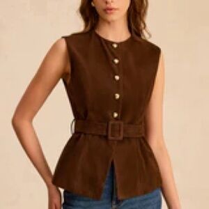 Commense Brown Sleeveless Button-Up Belted Top